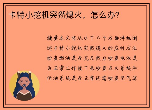 卡特小挖机突然熄火,怎么办? 卡特小挖机突然熄火,怎么办?